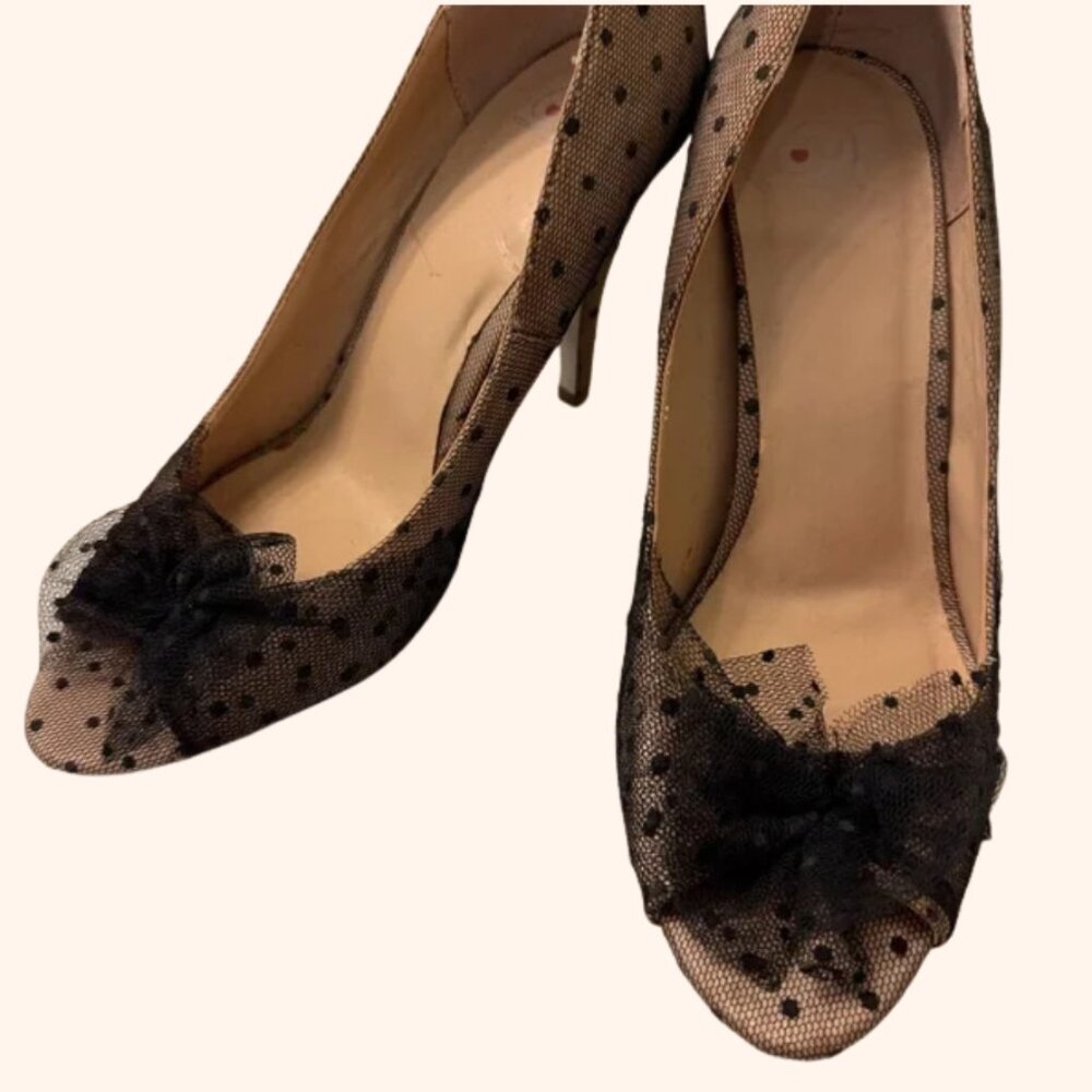 Sheer Polka Dot Mesh Heels with Bow | Size 8.5
